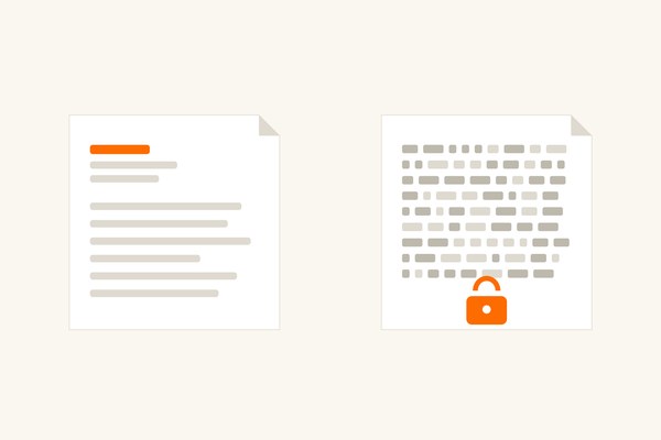Dois arquivos lado a lado: o da esquerda com linhas de texto legíveis, o da direita com blocos irregulares e um cadeado.