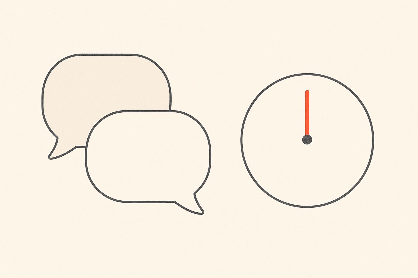 Dois balões de conversa separados por um espaço de um relógio sem ponteiros.